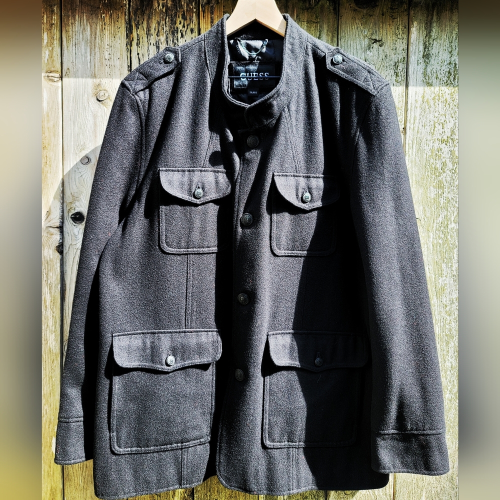 Guess Black Wool Blend Military Coat XXL